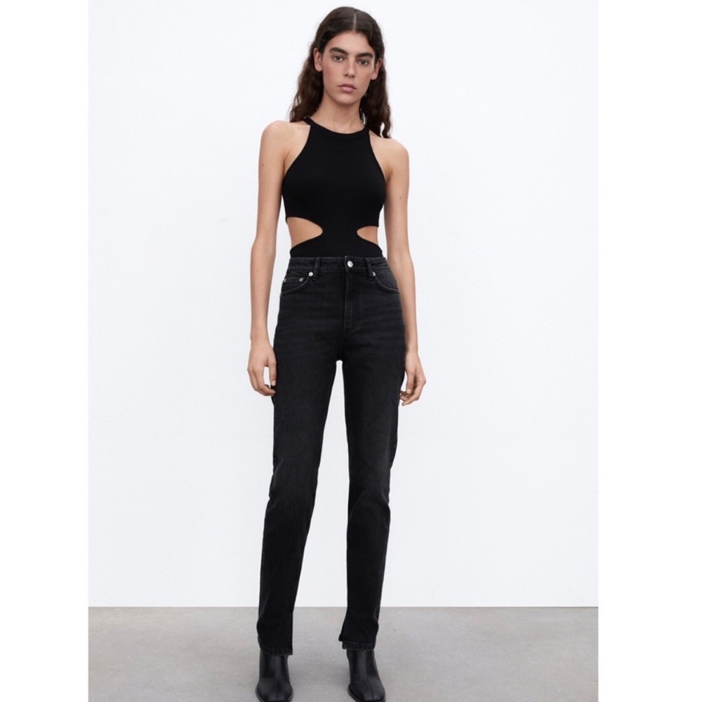 Zara Split Hem Slim Straight Jeans High Rise Black 6